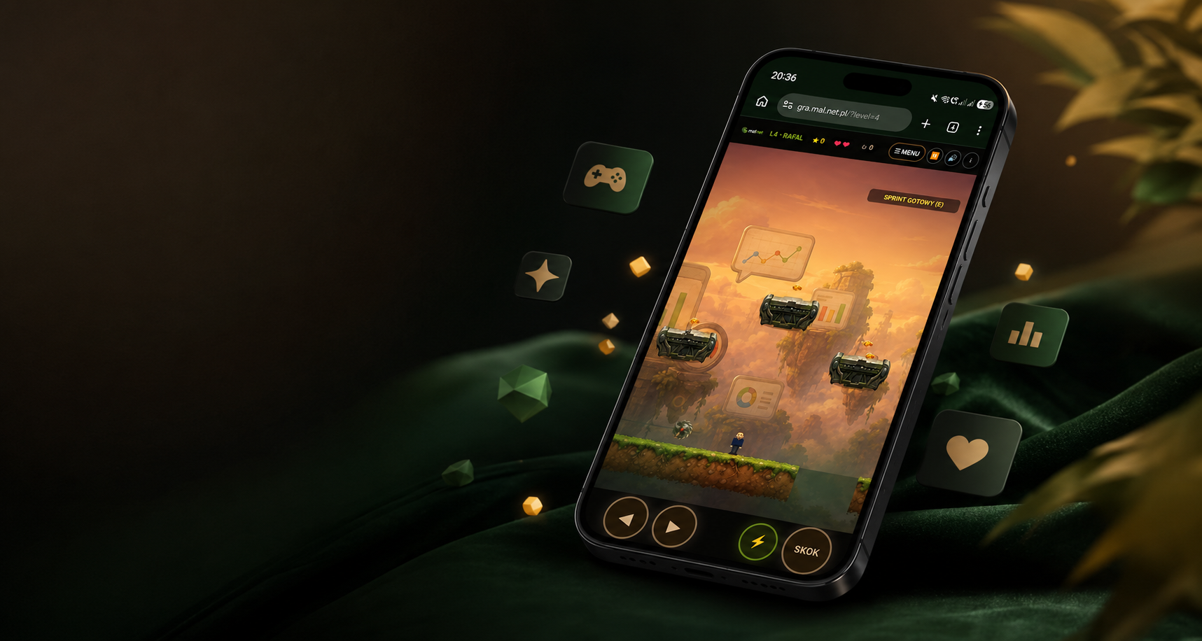 Mockup gry platformowej Malnet na telefonie