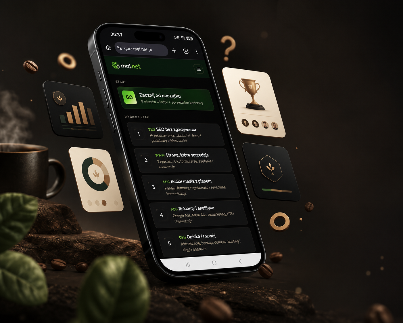 Mockup quizu marketingowego Malnet na telefonie
